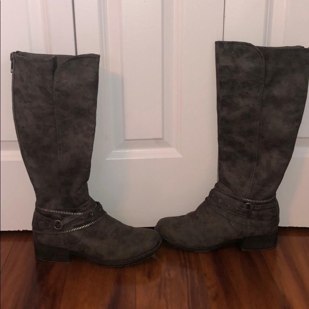 Gray Buckle Above Knee Boots